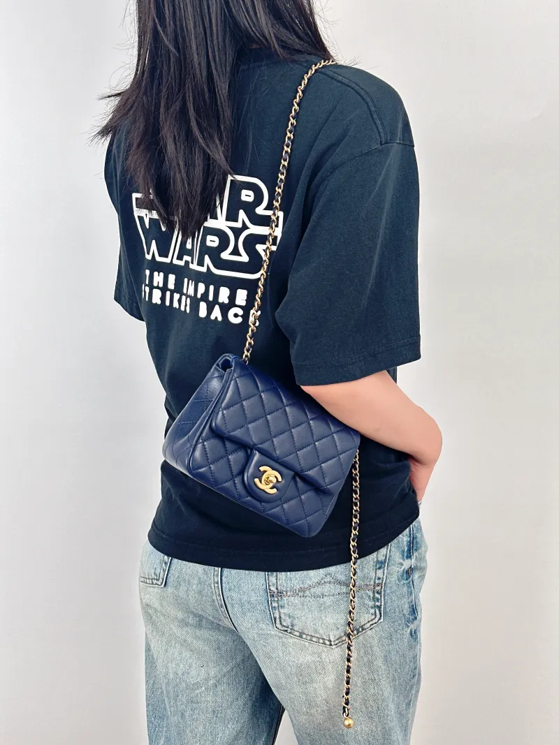 Chanel Crossbody Bag Blue Lambskin 17 × 8 × 13.5 cm — on-model view 2 of 3