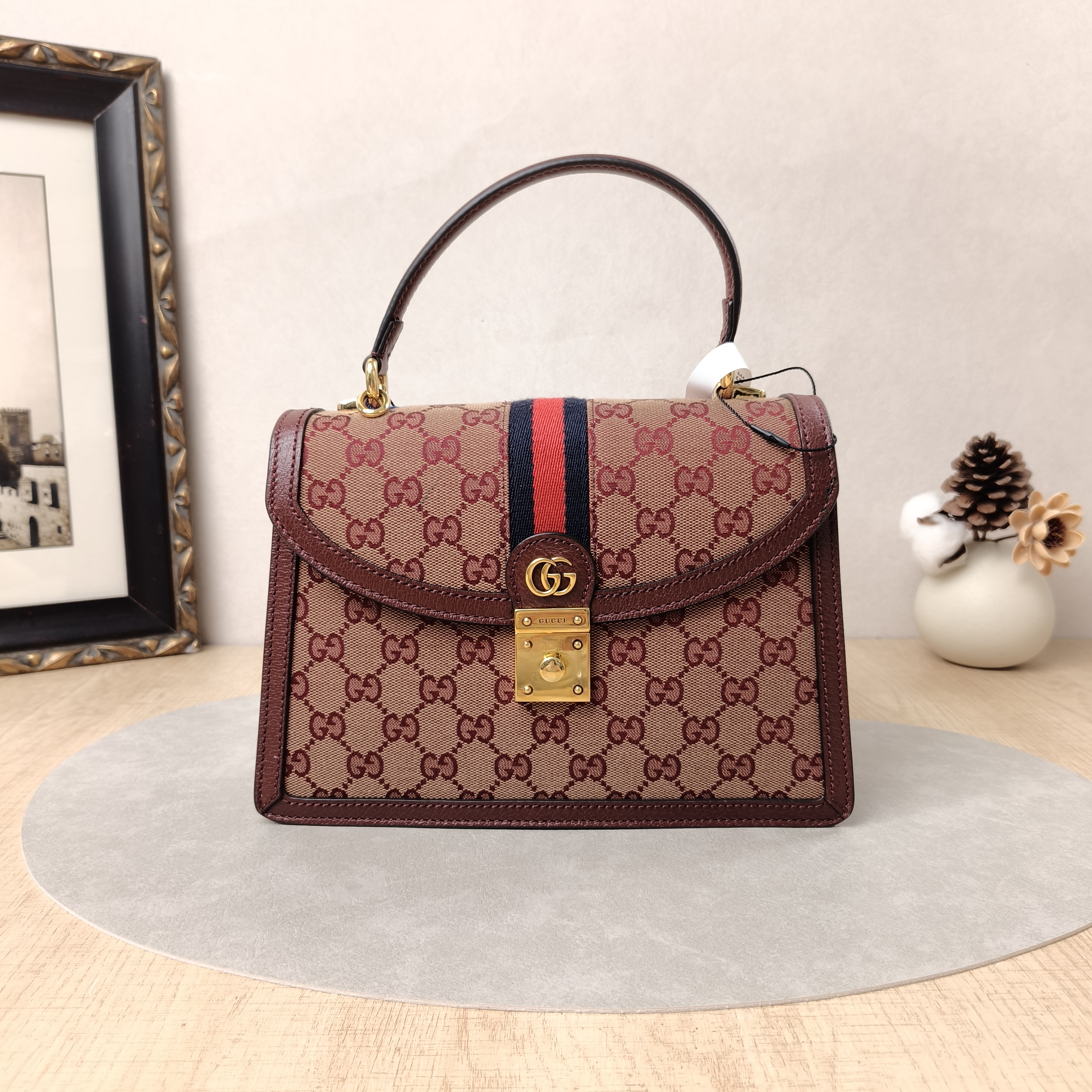 GUCCI Crossbody Bag Ophidia GG Messenger Bag Burgundy Canvas Medium25 × 7 × 17.5 cm