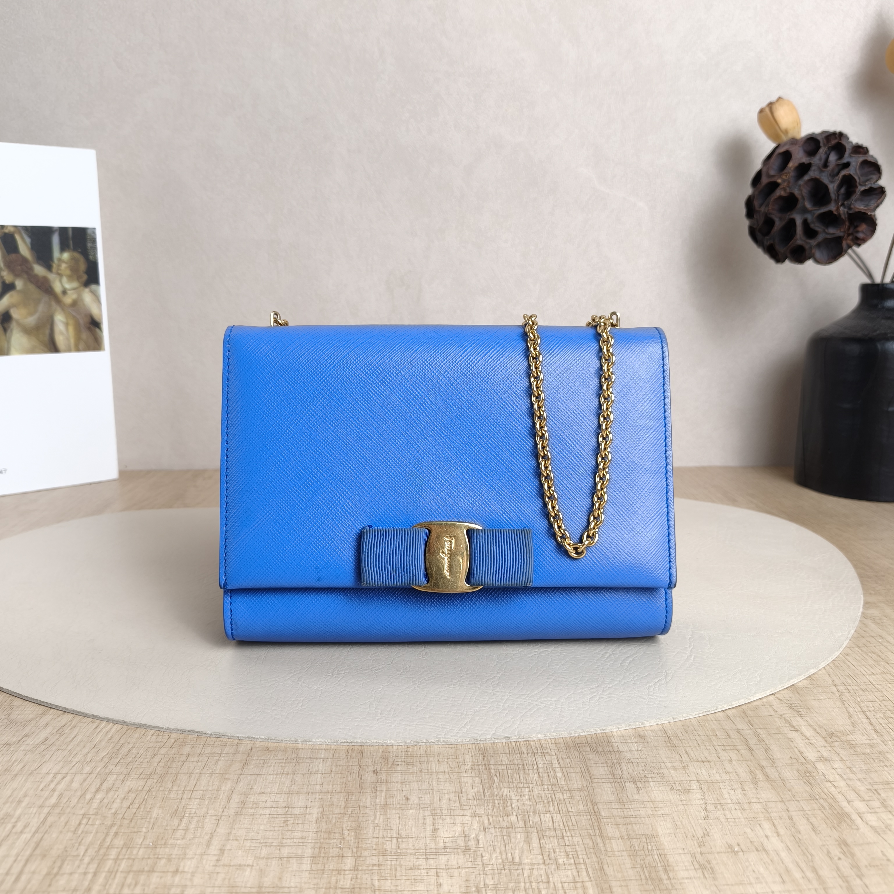 FERRAGAMO Crossbody Bag Chain Bag Blue Calfskin19 × 3.5 × 13.5 cm