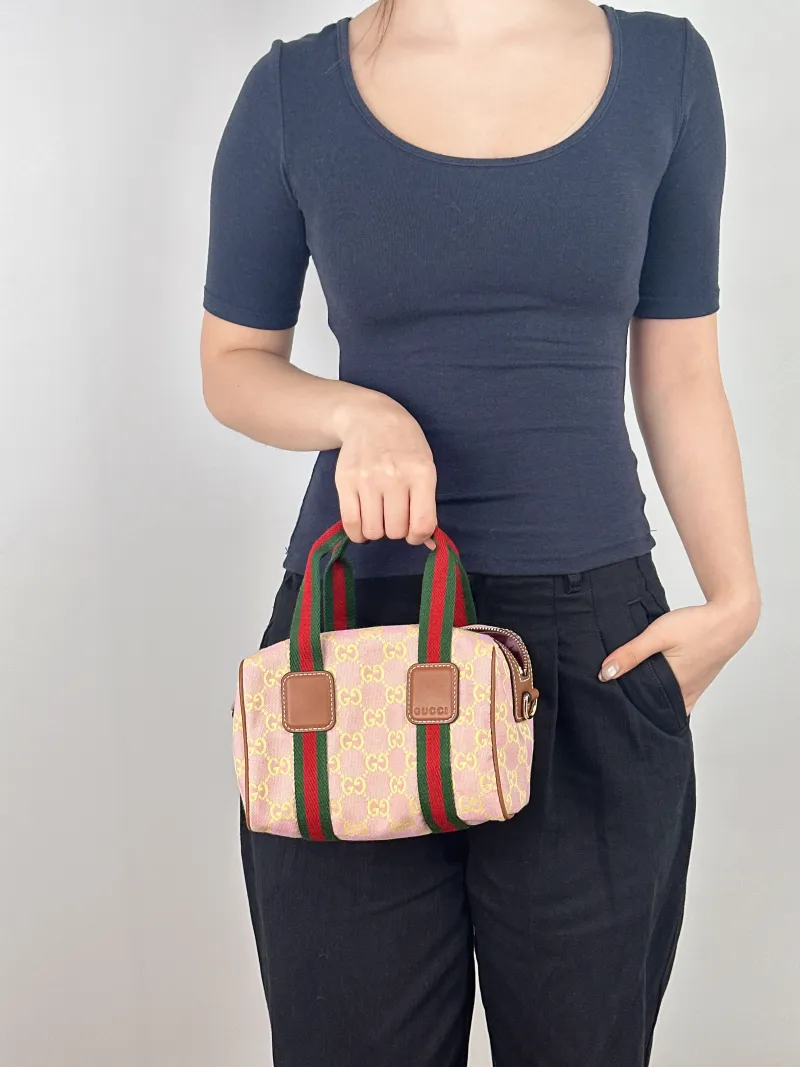 GUCCI Top Handle Bag Ophidia Pink Canvas One Size 20 × 12 × 13 cm — on-model view 2 of 2