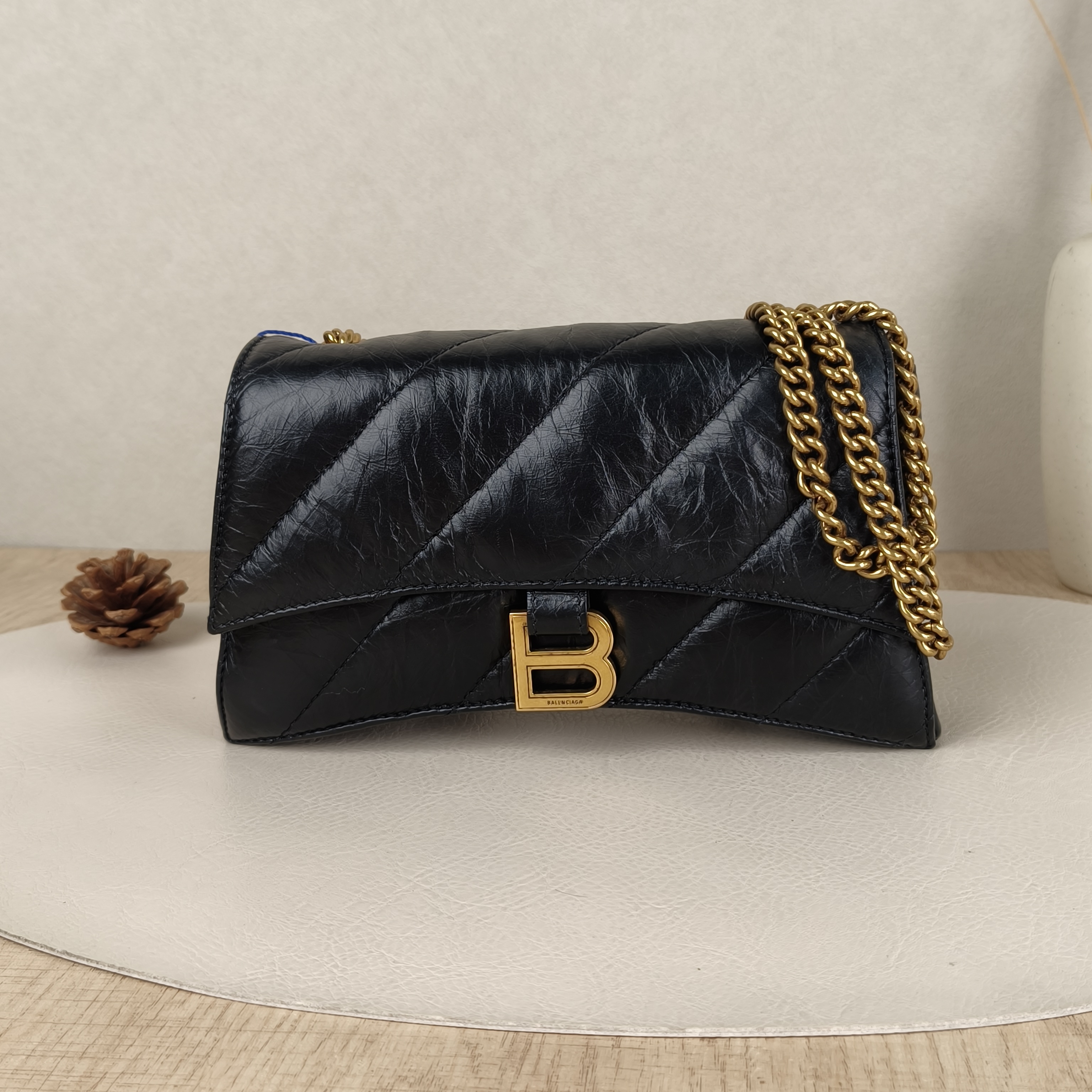 BALENCIAGA Crossbody Bag CRUSH Chain Bag Black CC alfskinxs Small22 × 5 × 10 cm