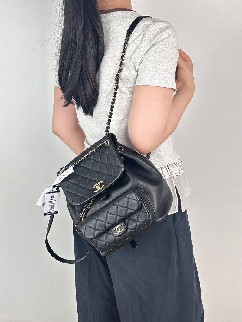 Chanel Backpack Duma Black Grained Calfskin Large21 × 13 × 23 cm — on-model view 3 of 3