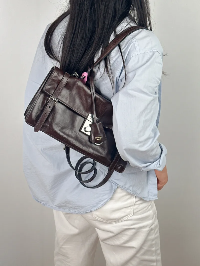 PRADA Top Handle Bag Tote Bag Brown Waxed Leather One Size 31.5 × 11 × 17 cm — on-model view 2 of 2