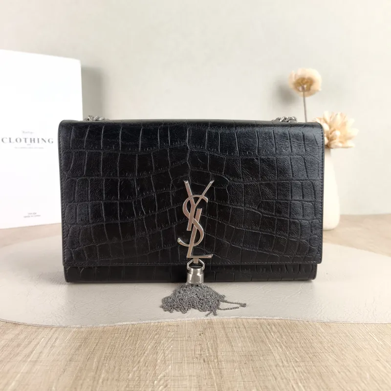 SAINT LAURENT Crossbody Bag KATE Edition Black Calfskin Medium 24 × 5.5 × 14.5 cm