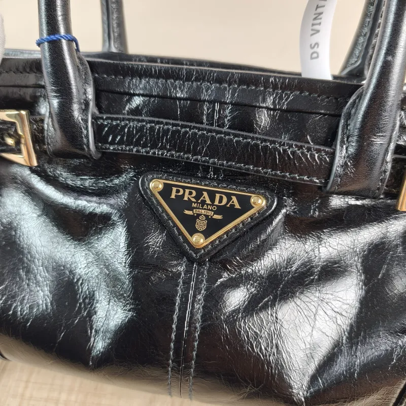 PRADA Shoulder Bag Bonnie Soft Lux Black Waxed Leather Mini 23.5 × 9 × 12 cm — detail view 12 of 14