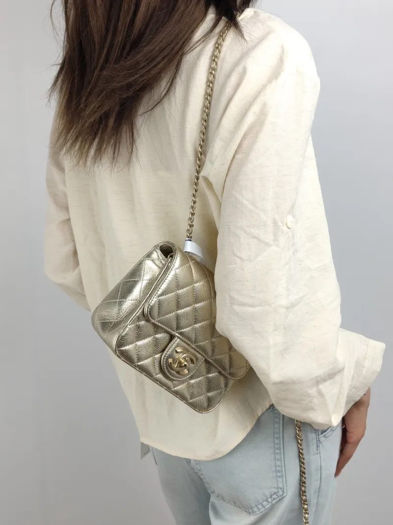 Chanel Crossbody Bag c Gold Grained Calfskin Mini 17 × 7 × 13.5 cm — on-model view 2 of 2