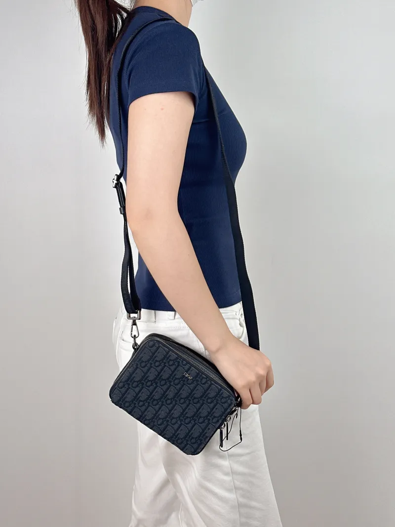 DIOR Shoulder Bag Oblique Jacquard Camera Bag Blue 17.5 × 5.5 × 12.5 cm — on-model view 1 of 2