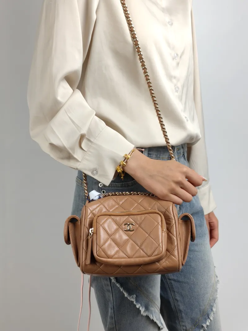 Chanel Crossbody Bag Camera Bag Taupe Lambskin One Size 24 × 17 × 18 cm — on-model view 3 of 3