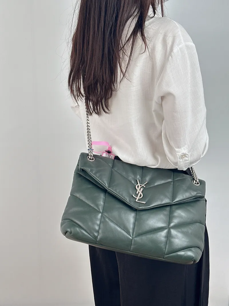 SAINT LAURENT Shoulder Bag PUFFER Green SL ambskin 32 × 13 × 22 cm Conditioned — on-model view 1 of 2