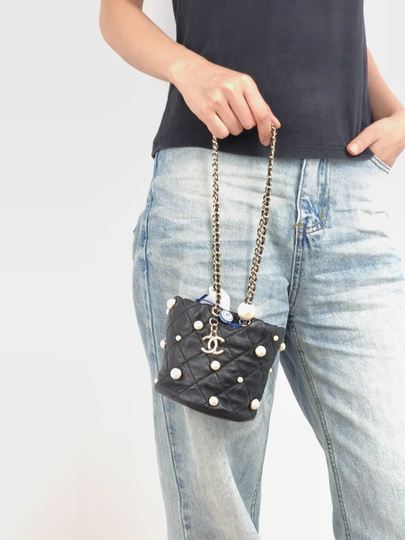 Chanel Shoulder Bag Pearl Bucket Bag Black Lambskin Mini 11.5 × 11.5 × 10.5 cm 31 — on-model view 2 of 2