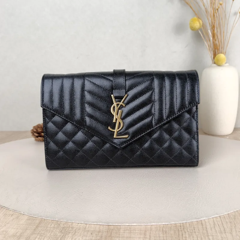 SAINT LAURENT Crossbody Bag ENVELOPE Black Grained Calfskin Small 21 × 6 × 13 cm