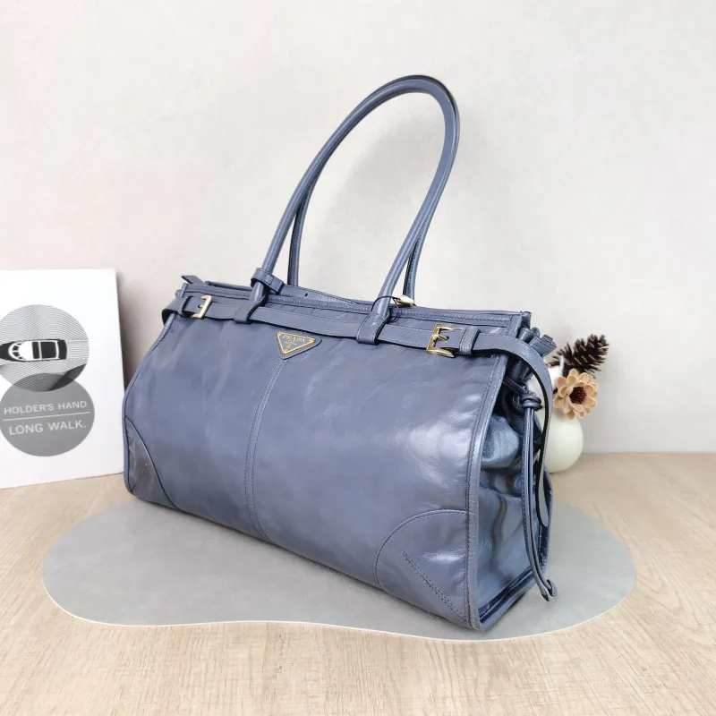 PRADA Shoulder Bag Bonnie Soft Lux Blue Waxed Leather Large 38 × 12 × 24 cm — cover view 3 of 5