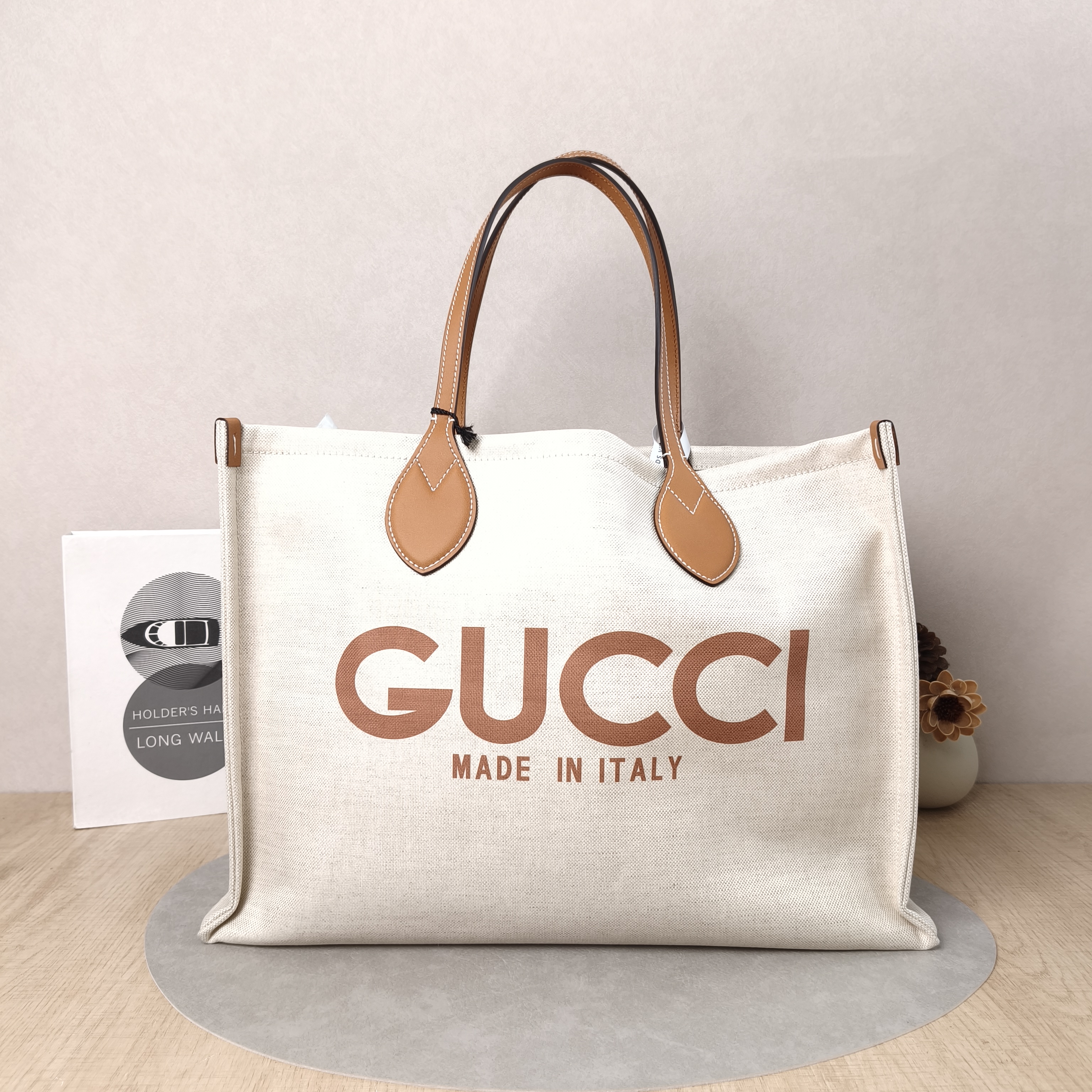 GUCCI Shoulder Bag logo Tote Bag Beige Canvas Brown Calfskin 41 × 18 × 29 cm