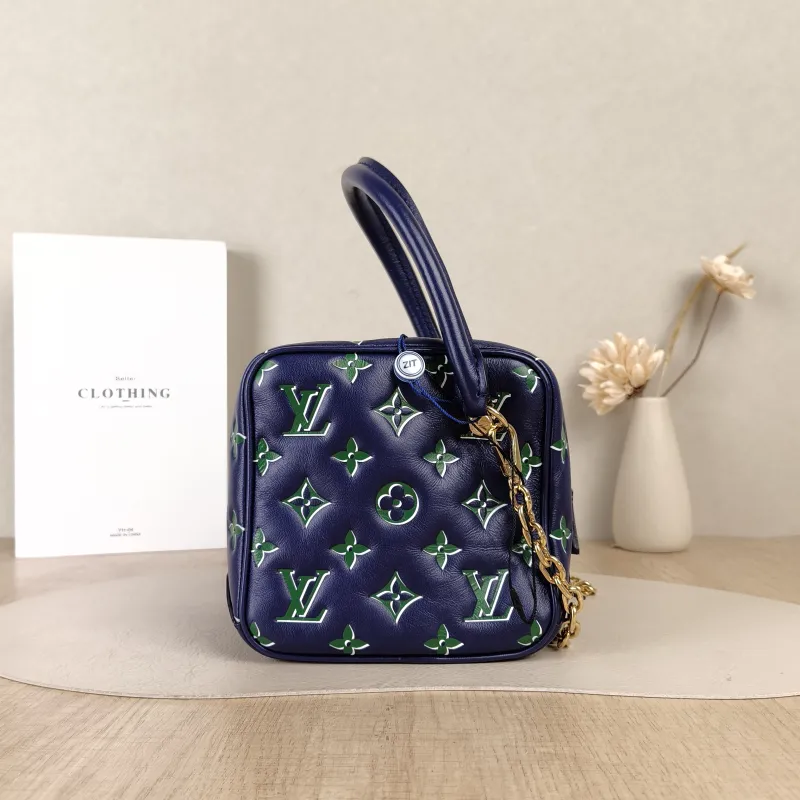 Louis Vuitton Top Handle Bag Square Navy Calfskin Greenlogo 16 × 16 × 16 cm