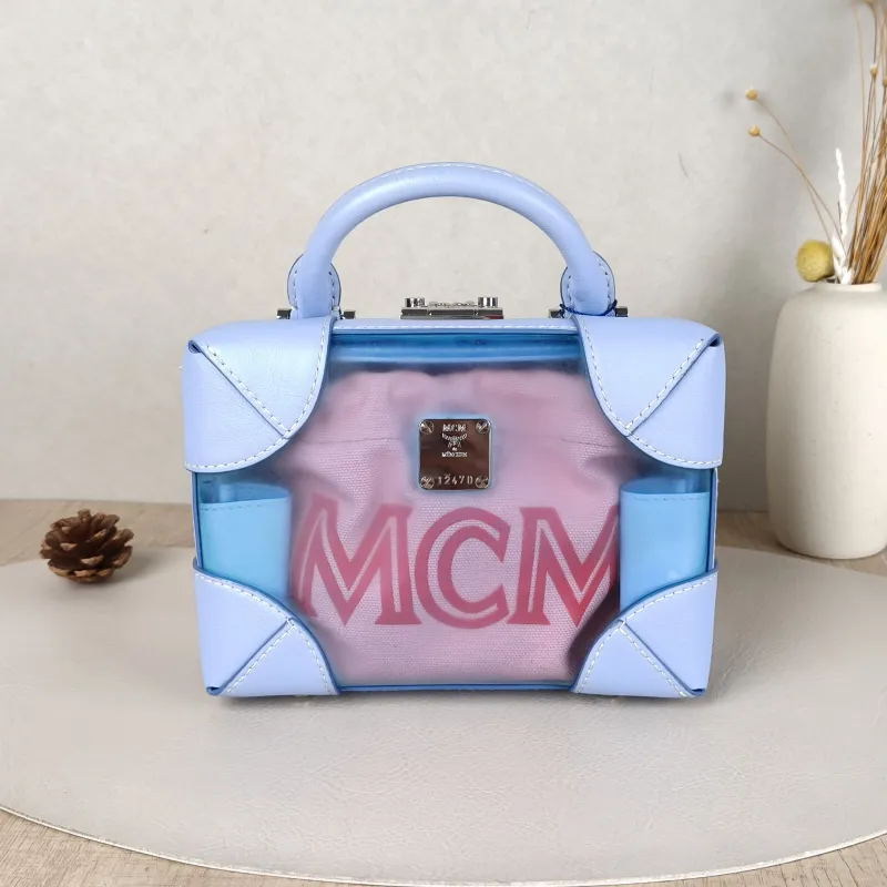 MCM Crossbody Bag Soft Berlin Visetos Box Top Handle Crossbody Bag Blue PVC Pink Canvas 19 × 8 × 14 cm