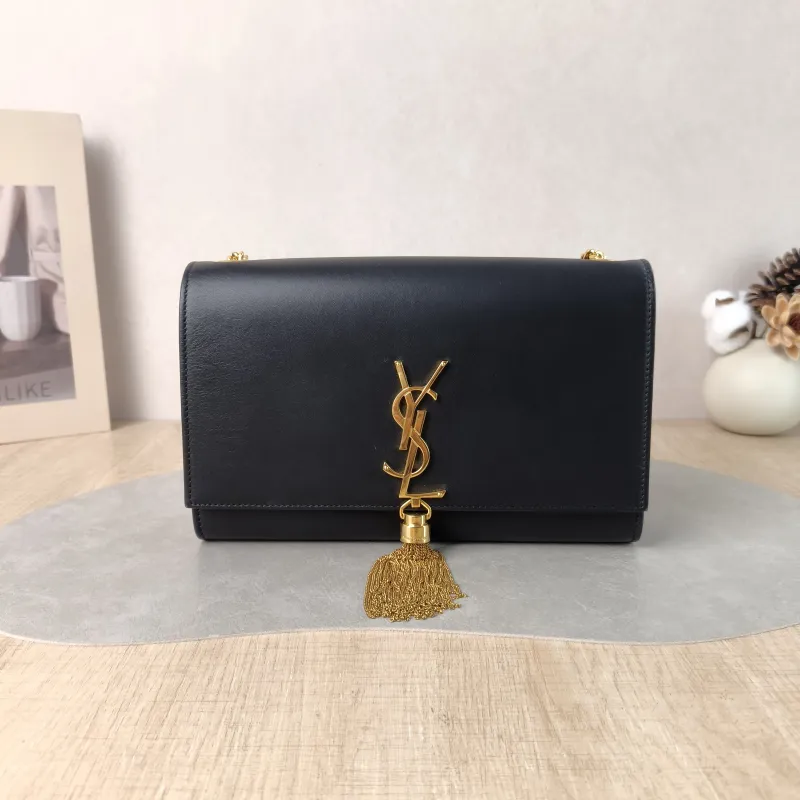 SAINT LAURENT Crossbody Bag KATE Edition Black Calfskin Medium 24 × 5.5 × 14.5 cm