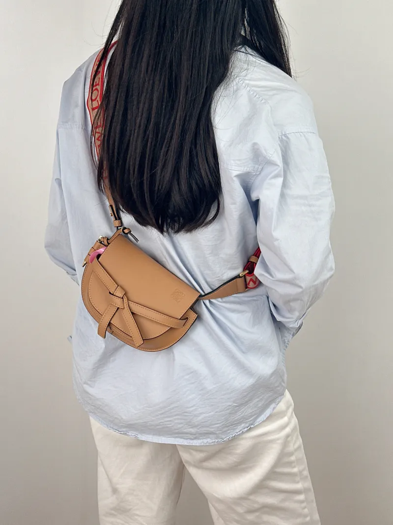 LOEWE Crossbody Bag Gate Dual Shoulder Strap Yellow Calfskin Mini 21 × 9.5 × 13 cm — on-model view 2 of 2