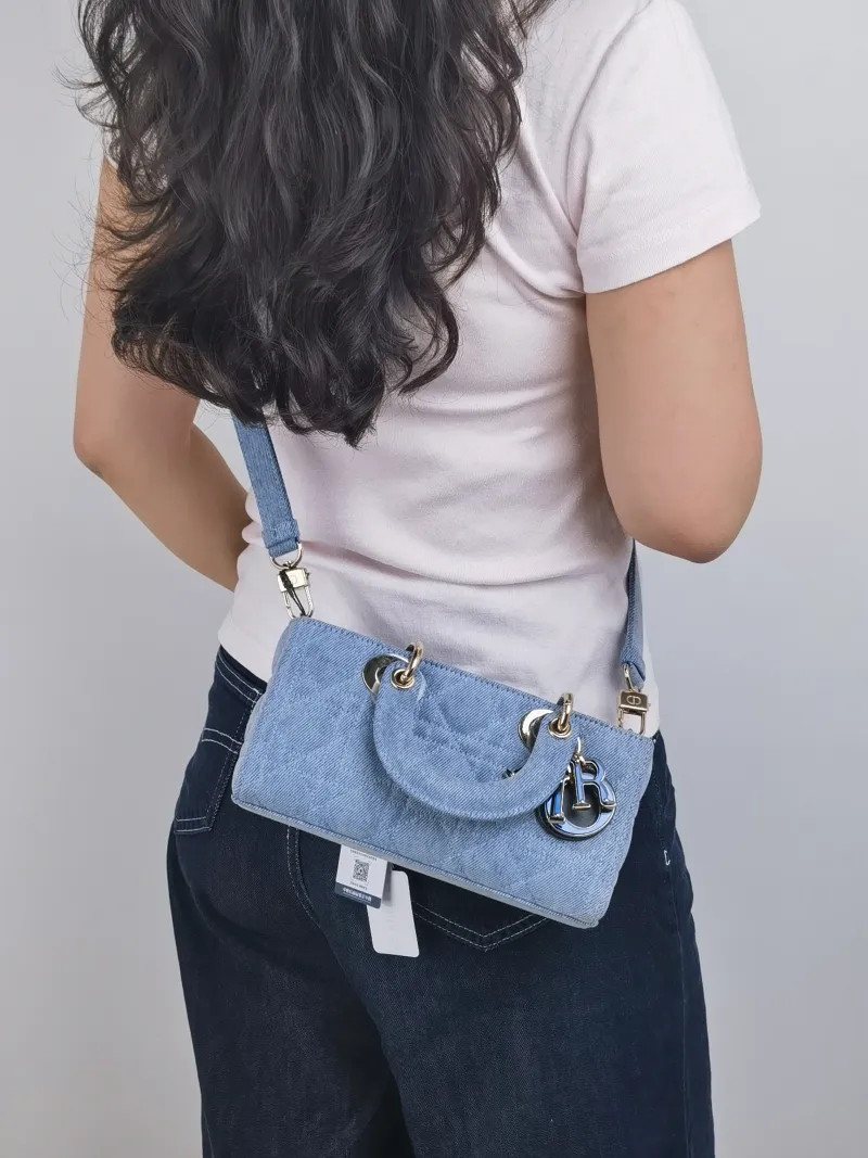 DIOR Top Handle Bag Lady D-Joy Blue Small 22 × 6 × 11 cm — on-model view 2 of 3