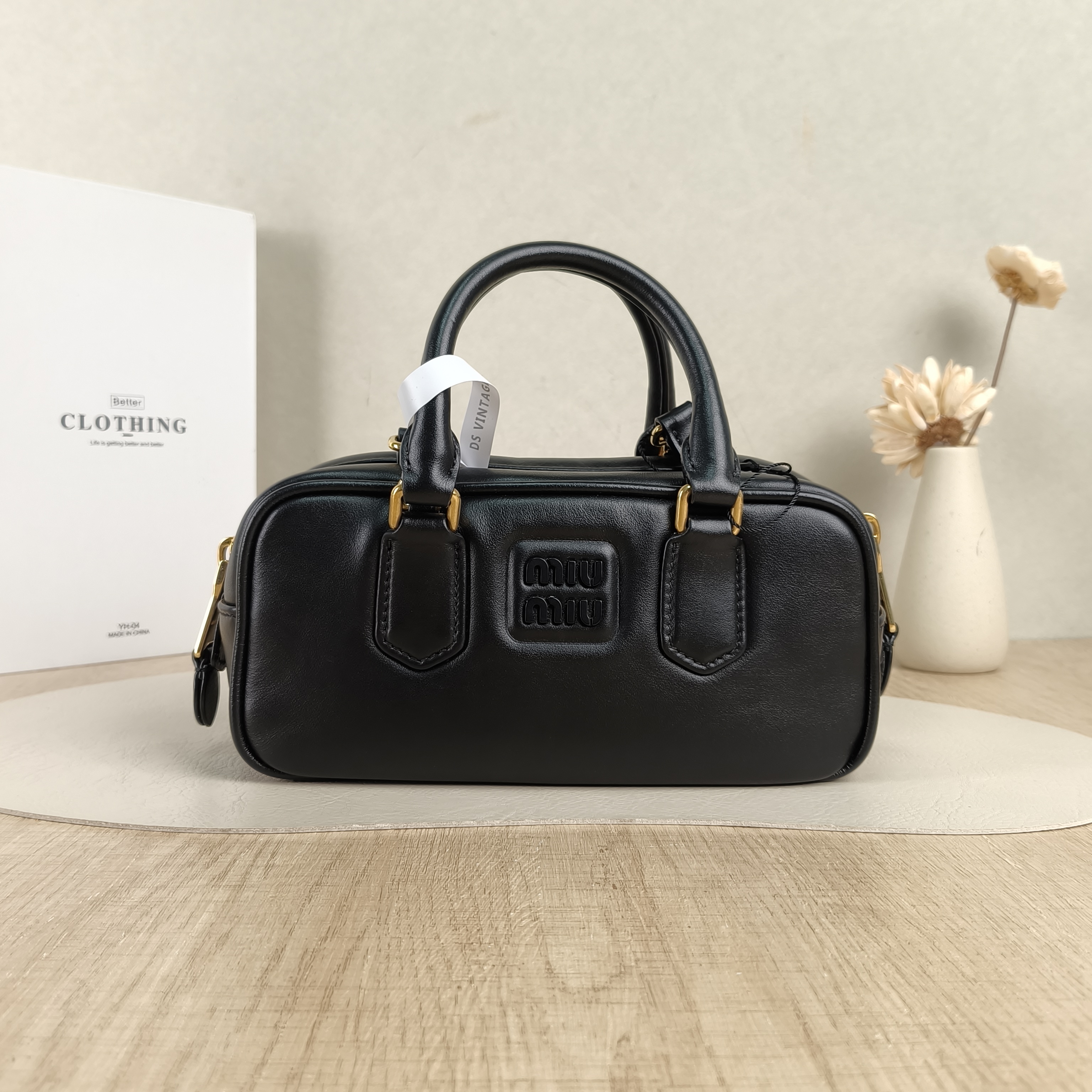 Miumiu Top Handle Bag Arcadie Collection Bowling Bag Black Calfskin Medium22 × 7.5 × 10.5 cm