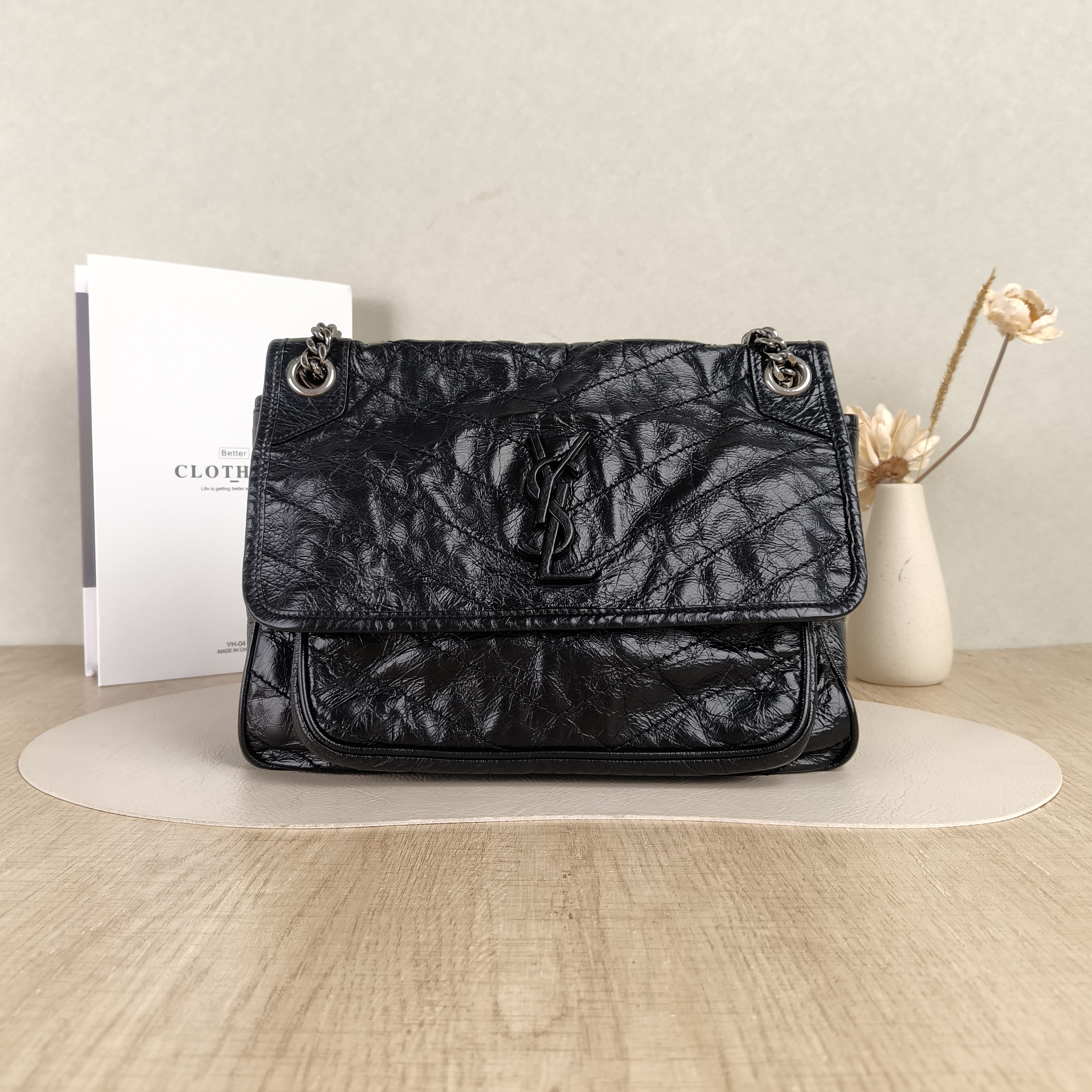 SAINT LAURENT Crossbody Bag Niki Black Waxed Leather Calfskin Medium28 × 8.5 × 20 cm