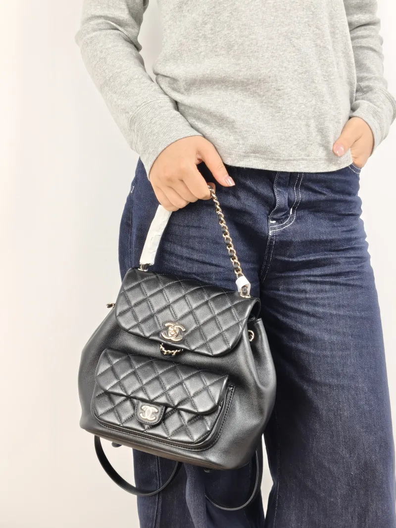 Chanel Backpack Duma Black Calfskin Large 21 × 13 × 23 cm — on-model view 1 of 3