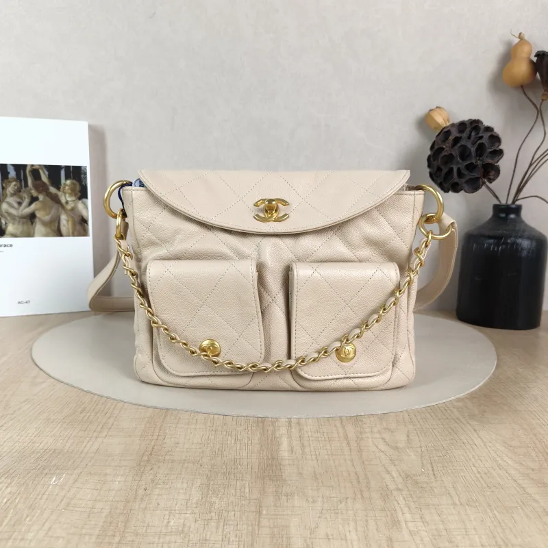 Chanel Shoulder Bag Supple Twins Hobo Beige Grained Calfskin Small 24.5 × 5 × 19 cm