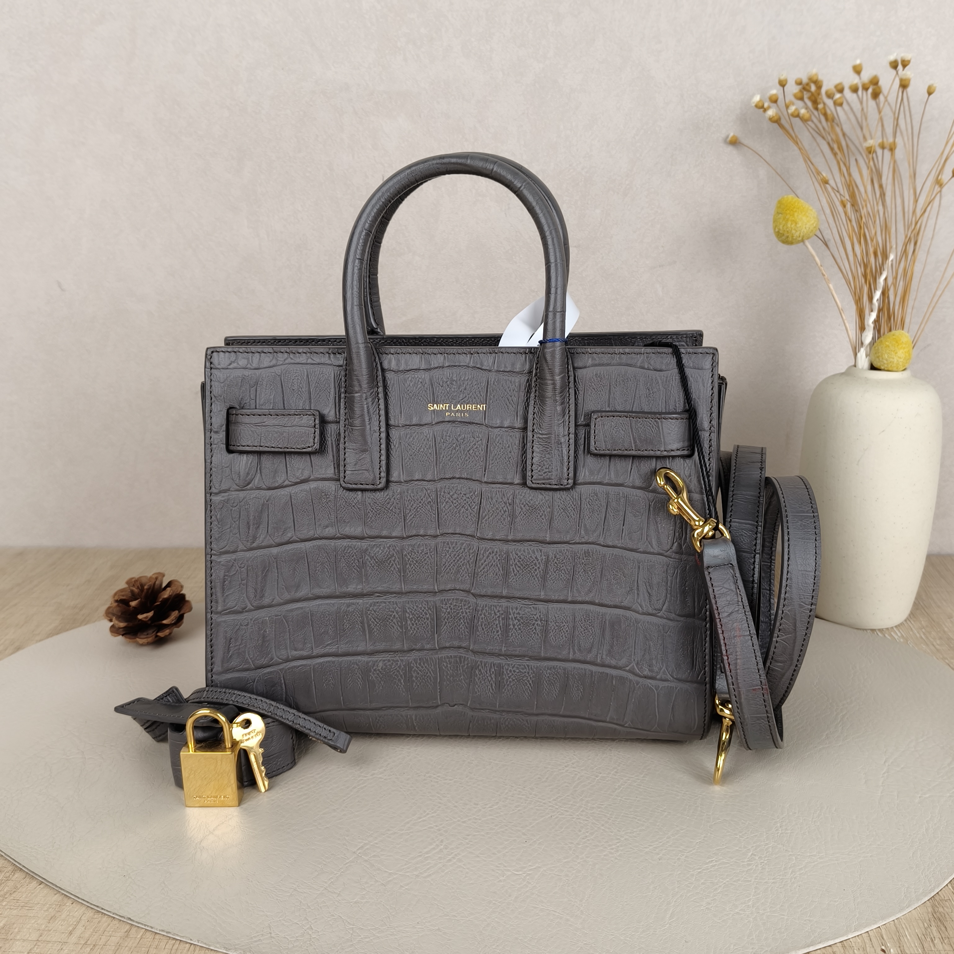 SAINT LAURENT sacdejour mini Grey Calfskin · Shoulder Strap Leather Tag · 22 × 11 × 18 cm — cover view 5 of 9