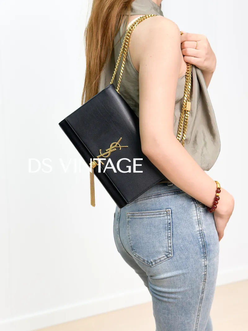 SAINT LAURENT Crossbody Bag KATE Edition Black Calfskin Medium 24 × 5.5 × 14.5 cm — on-model view 3 of 3