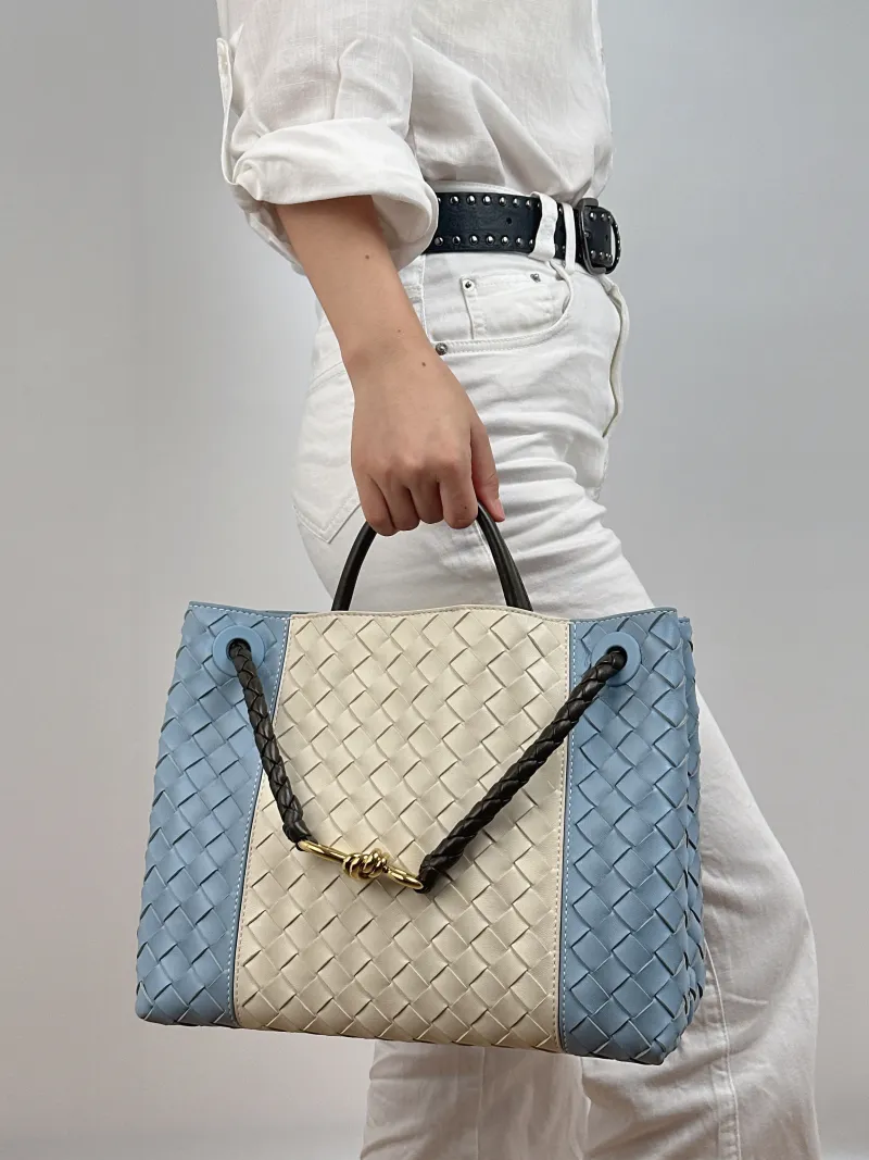Bottega Veneta Top Handle Bag Woven Top Handle Bag Blue White Calfskin 30 × 12 × 24 cm — on-model view 1 of 2