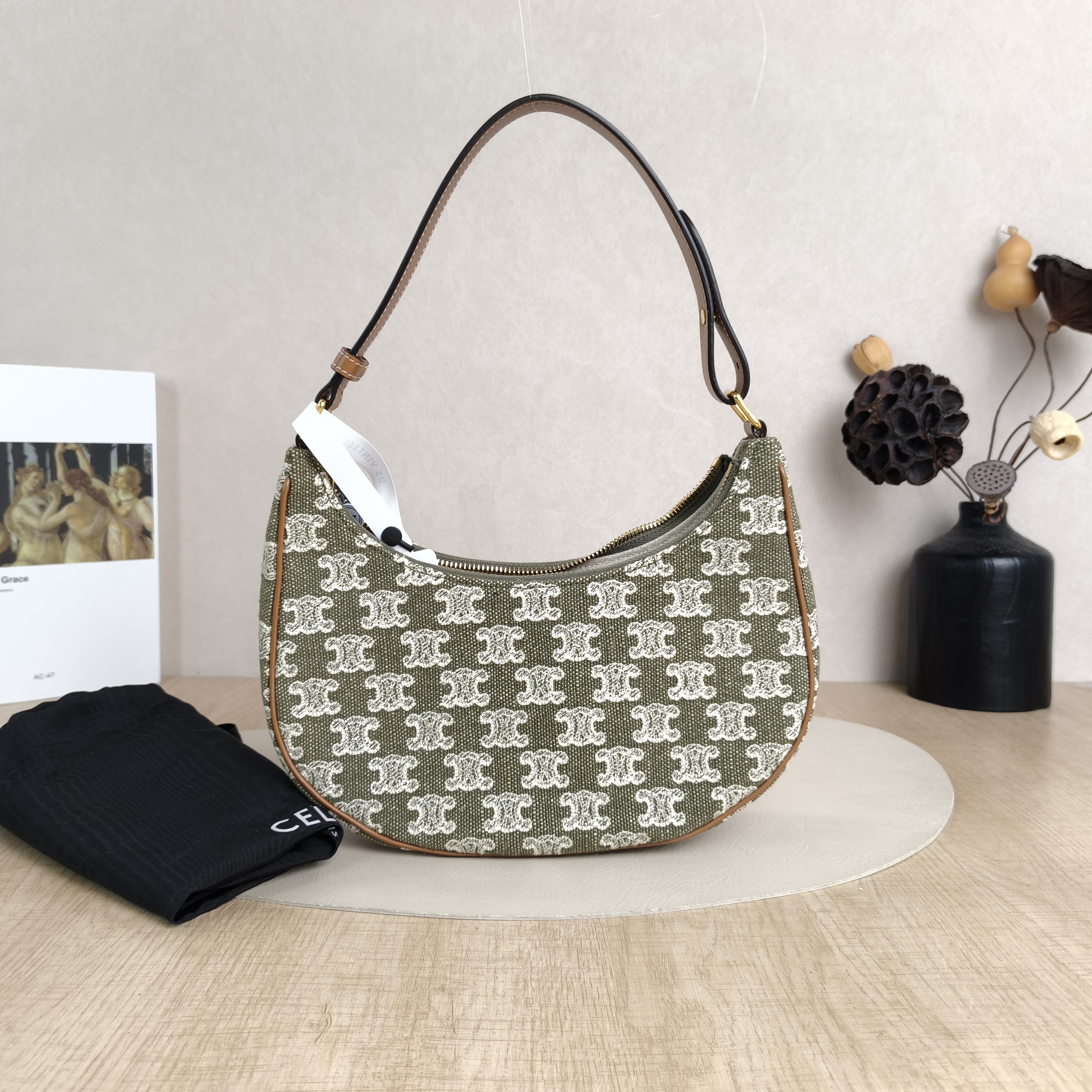 CELINE Shoulder Bag AVA Green · Beige Canvas Medium23 × 6 × 13.5 cm — cover view 2 of 6