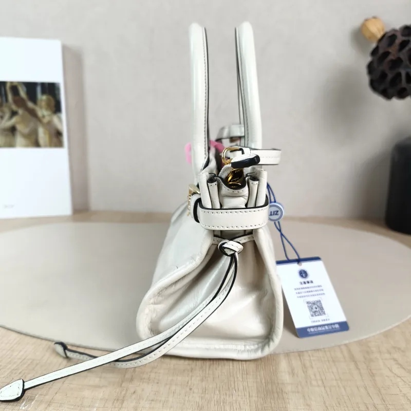 PRADA Top Handle Bag Bonnie Soft Lux White Waxed Leather Mini 23.5 × 9 × 12 cm — detail view 7 of 14