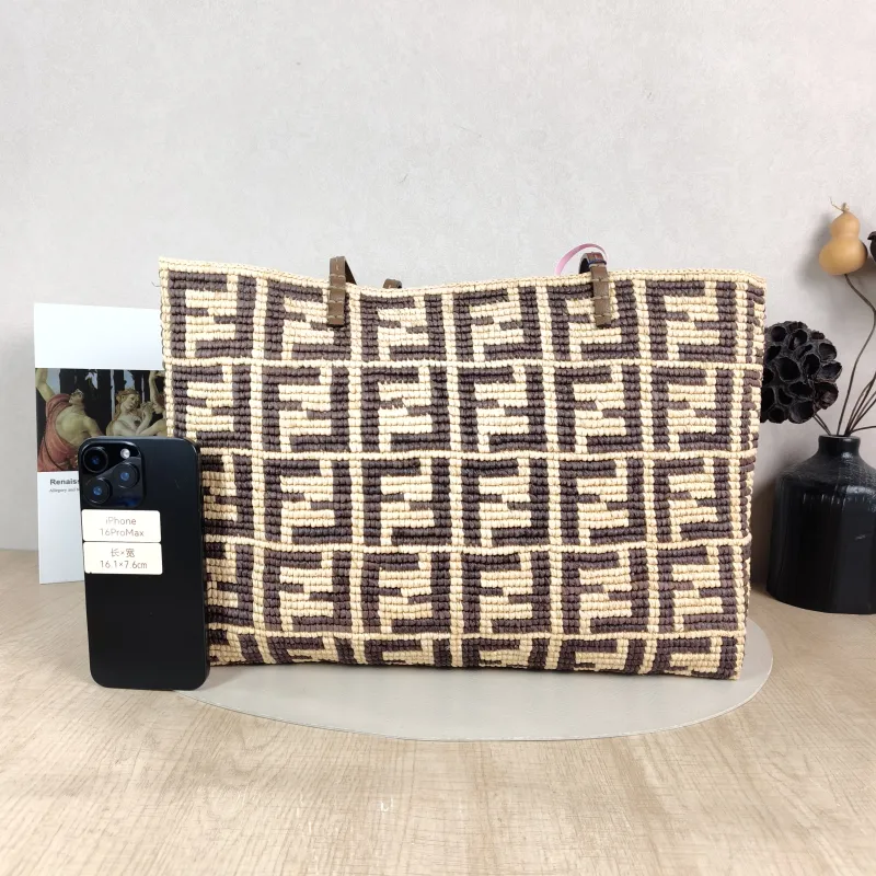 FENDI Top Handle Bag Top Handle Bag Brown Woven One Size 39 × 12 × 28 cm — cover view 4 of 5