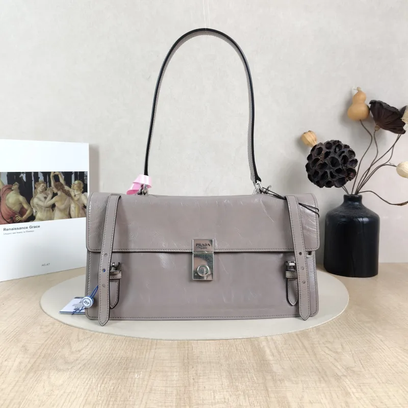 PRADA Shoulder Bag Shoulder Bag Grey Waxed Leather Calfskin One Size 32 × 10 × 17 cm