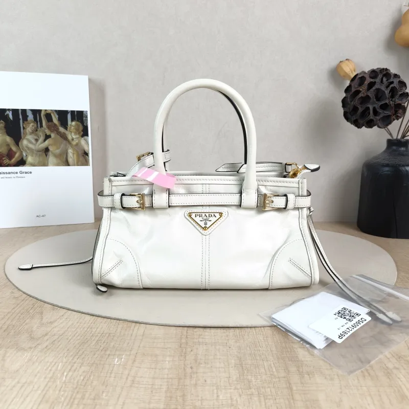 PRADA Top Handle Bag Bonnie Soft Lux White Waxed Leather Mini 23.5 × 9 × 12 cm — cover view 5 of 6