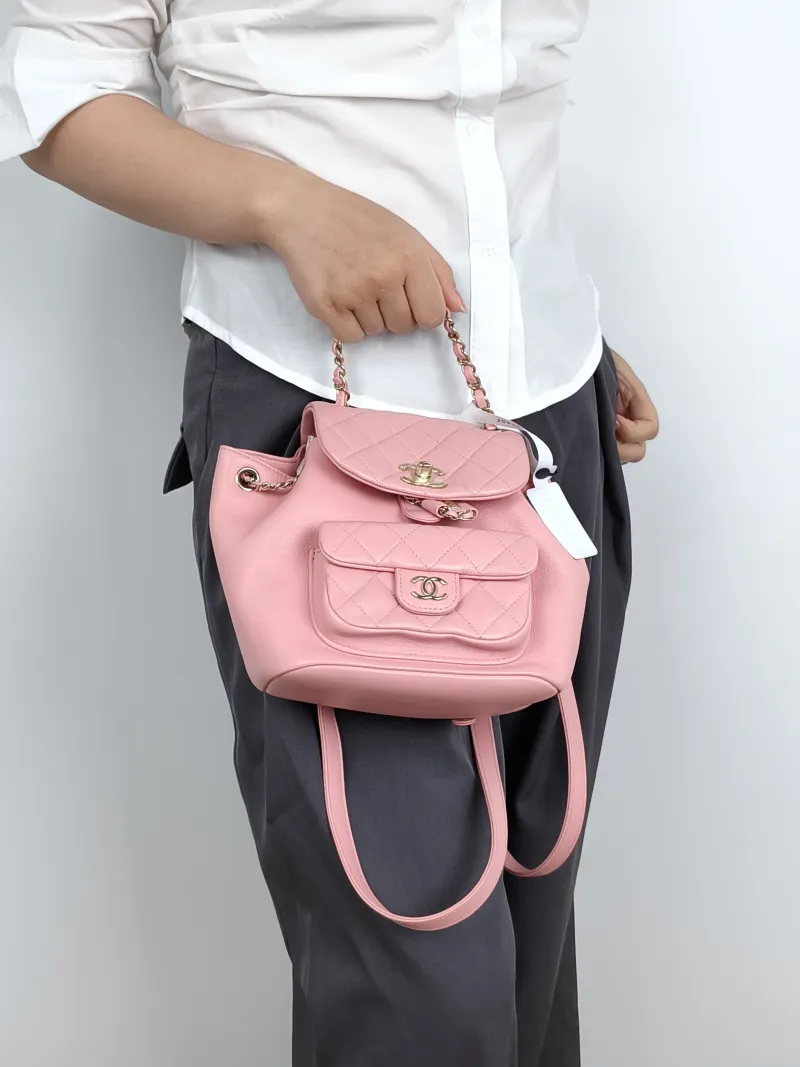Chanel Backpack Duma Pink Calfskin Small18 × 12 × 18.5 cm — on-model view 2 of 3