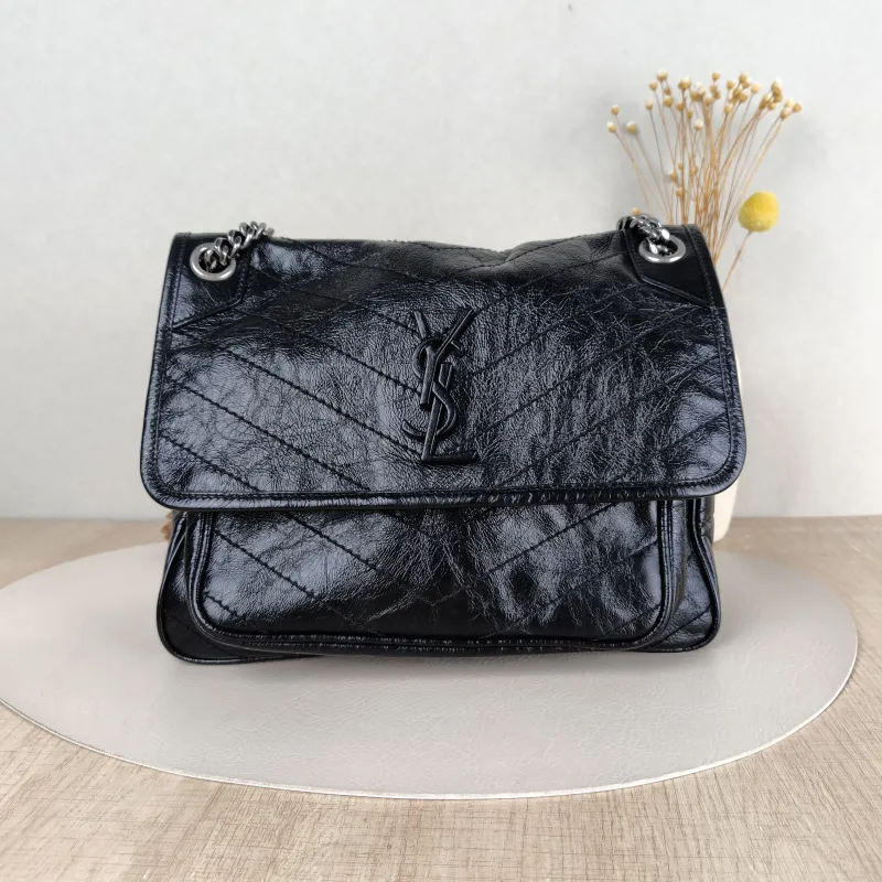 SAINT LAURENT Crossbody Bag Niki Black Waxed Leather Calfskin Medium 28 × 8.5 × 20 cm