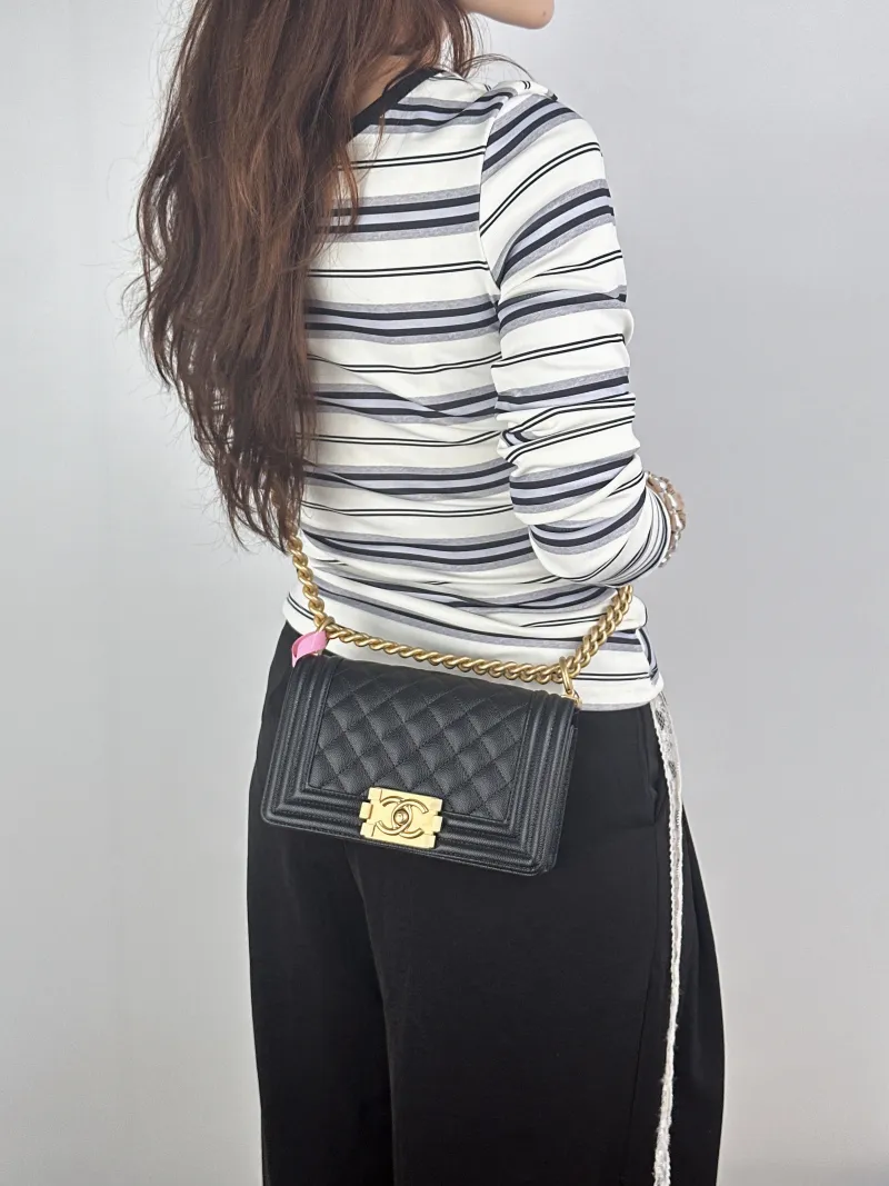 Chanel Crossbody Bag Le Boy​Black Grained Calfskin Small20.5 × 8.5 × 12 cm — on-model view 1 of 2