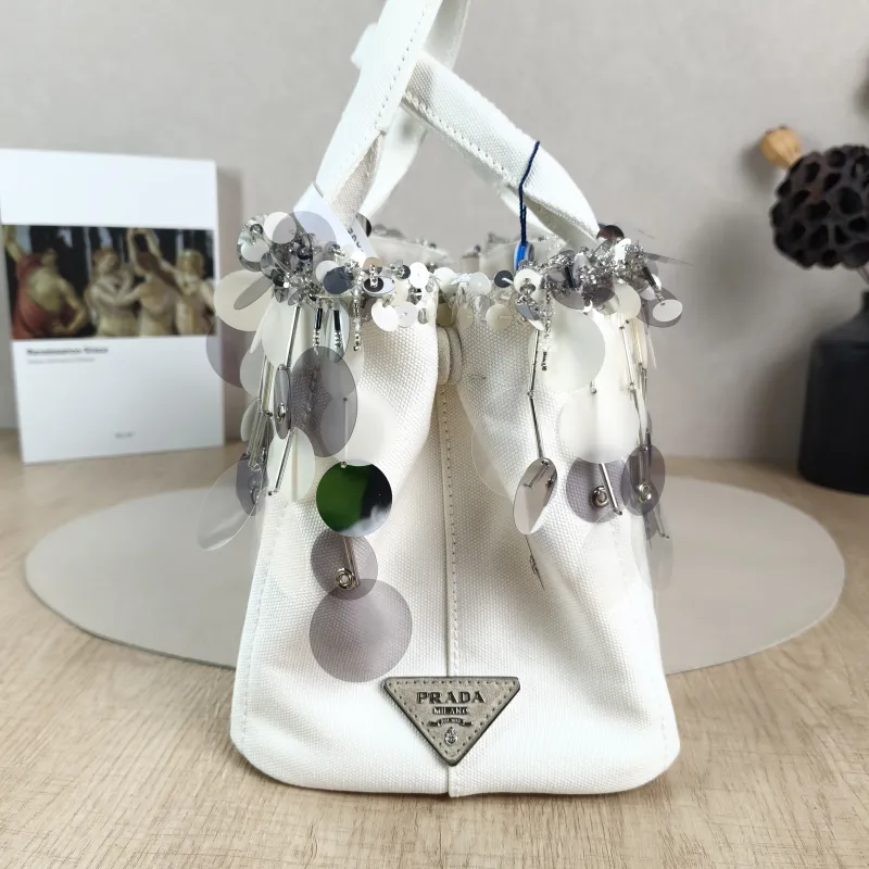PRADA Top Handle Bag Canape White Canvas 28 × 15 × 18 cm — detail view 11 of 12
