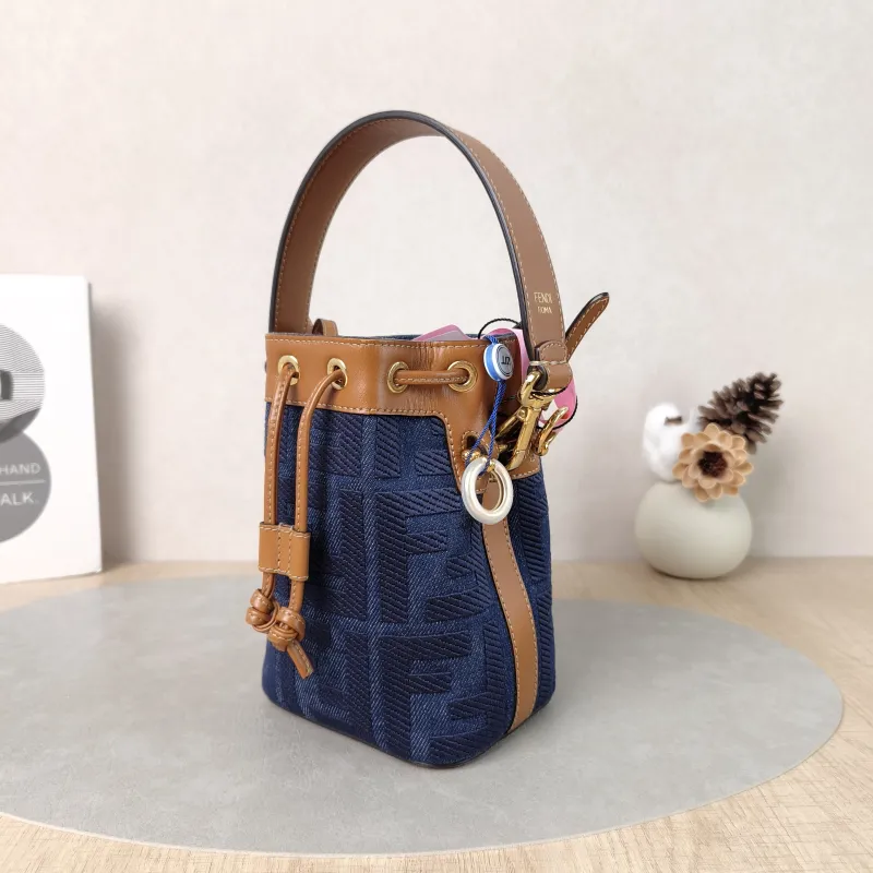 FENDI Crossbody Bag Mon Tresor Bucket Bag Blue Brown Calfskin,Canvas Mini 12 × 10 × 18 cm — cover view 2 of 6