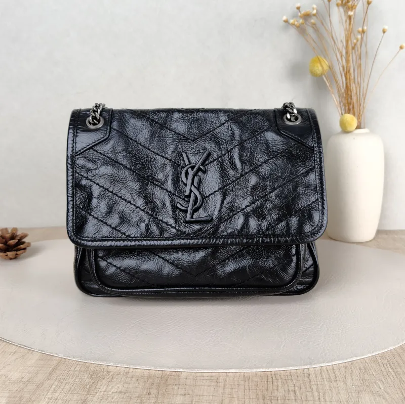 SAINT LAURENT Crossbody Bag Niki Black Waxed Leather Calfskin Small 21 × 7.5 × 16 cm