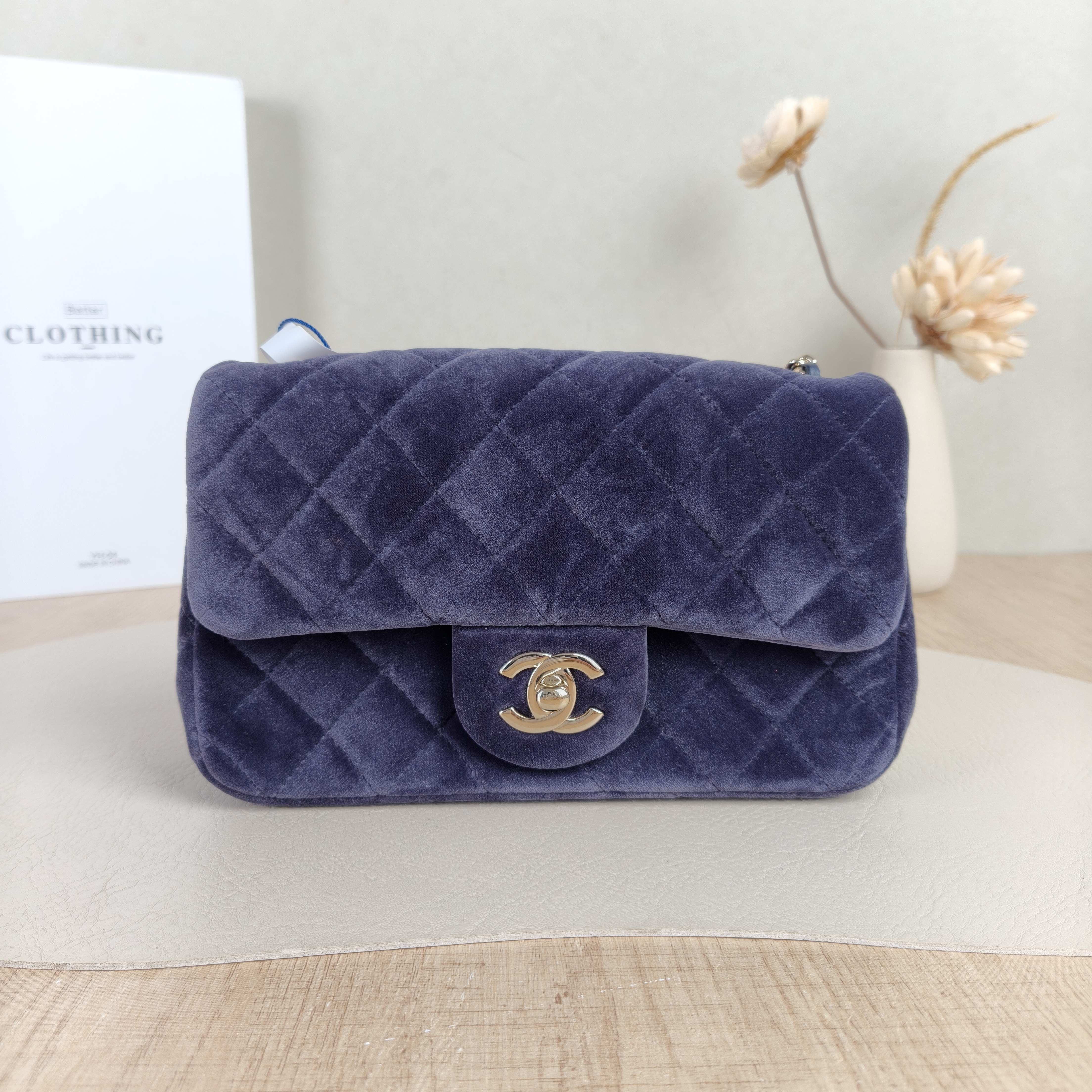 Chanel Crossbody Bag Classic Flap Large Mini CF Mini Blue Velvet mini 20 × 6 × 12 cm