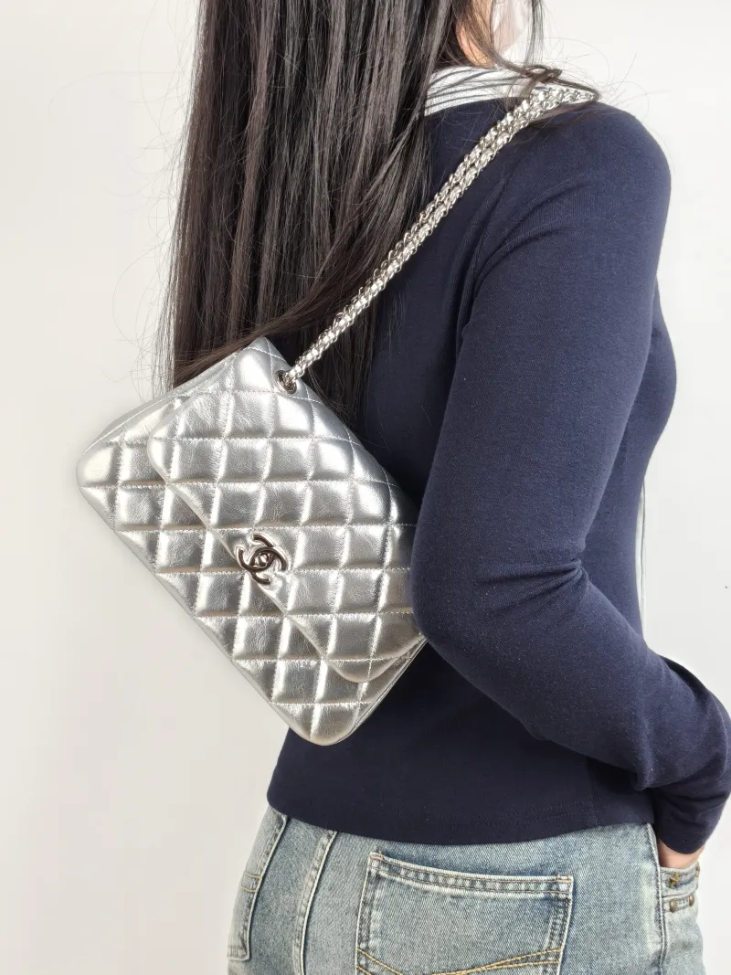 Chanel Crossbody Bag Crossbody Bag Silver Calfskin One Size 23 × 5.5 × 14 cm — on-model view 1 of 2