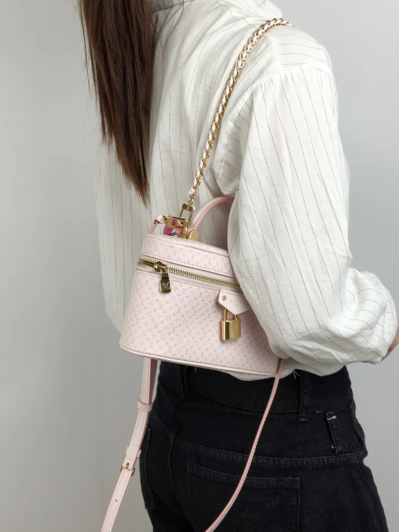 Louis Vuitton Shoulder Bag VANITY POUCH Cosmetic Bag Pink Calfskin One Size 19 × 6.5 × 11.5 cm — on-model view 1 of 3