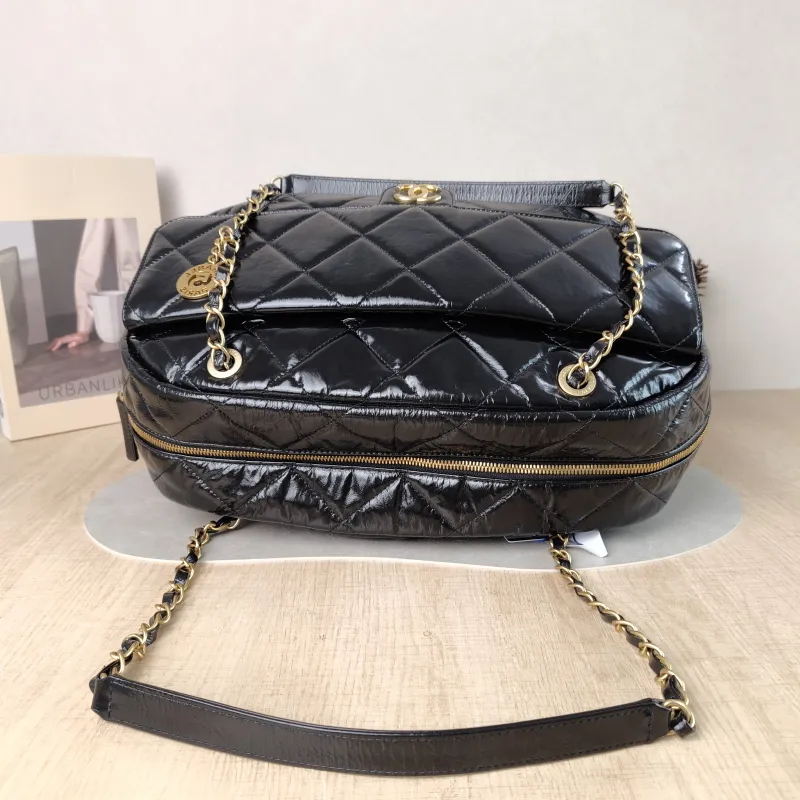 Chanel Crossbody Bag Bowling Bag Black Waxed Leather One Size 42 × 15 × 27 cm — detail view 11 of 14