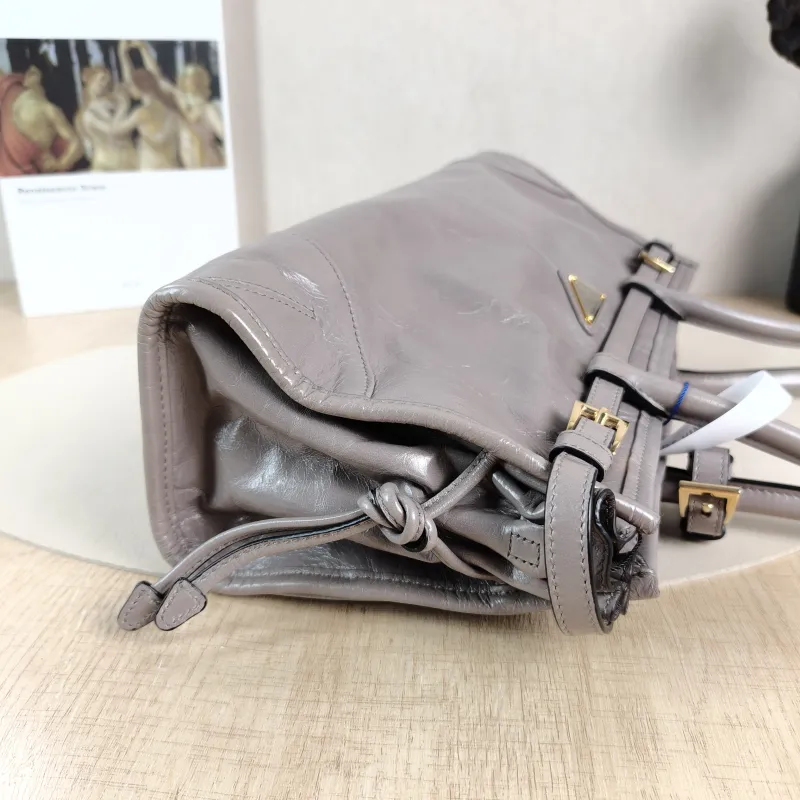 PRADA Shoulder Bag Bonnie Soft Lux Grey Waxed Leather Calfskin Medium 32 × 12 × 15.5 cm — detail view 13 of 13