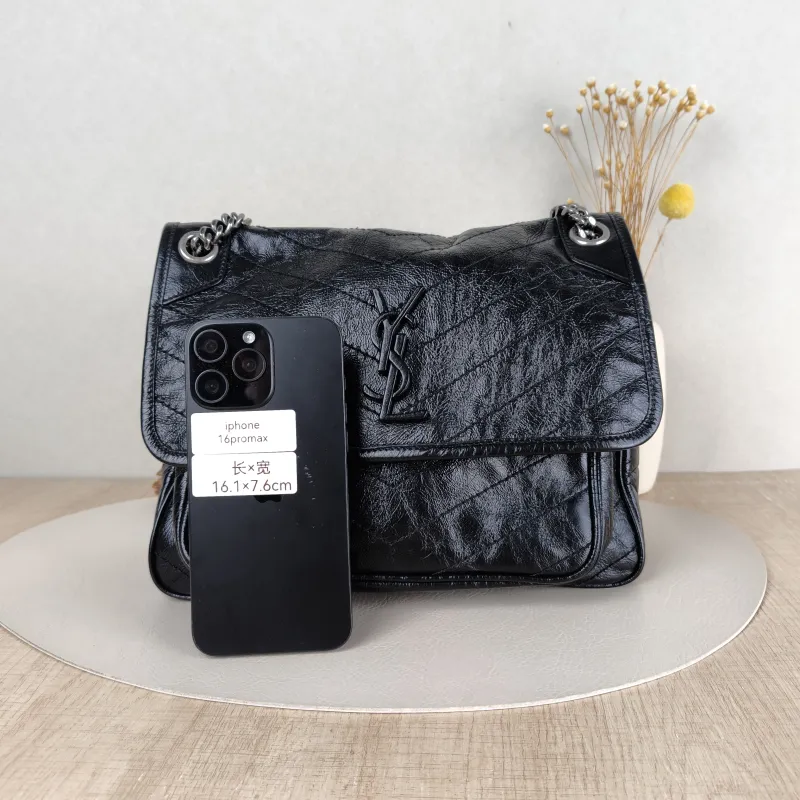 SAINT LAURENT Crossbody Bag Niki Black Waxed Leather Calfskin Medium 28 × 8.5 × 20 cm — cover view 3 of 5