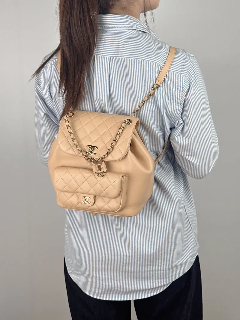 Chanel Backpack Duma Beige Calfskin Large 21 × 13 × 23 cm — on-model view 2 of 2