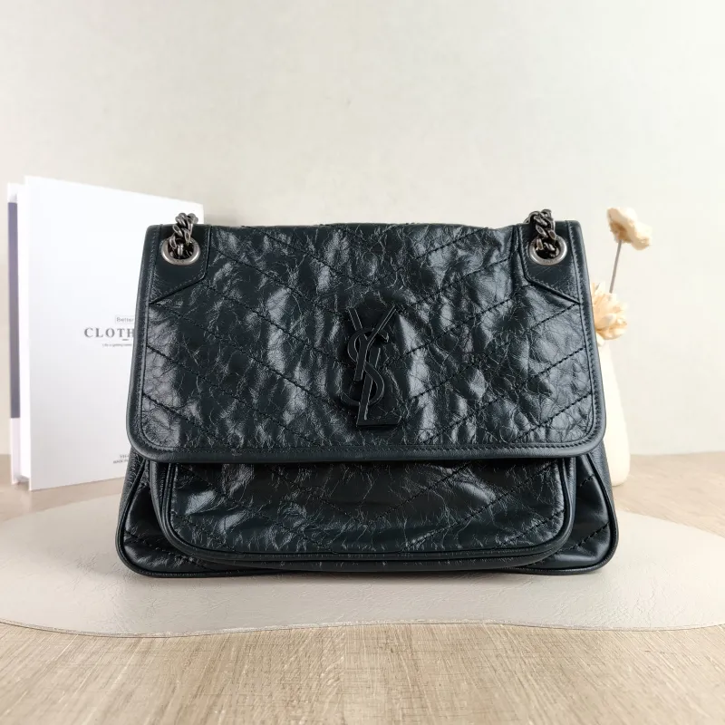 SAINT LAURENT Crossbody Bag Niki D Green Waxed Leather Medium 28 × 8.5 × 20 cm