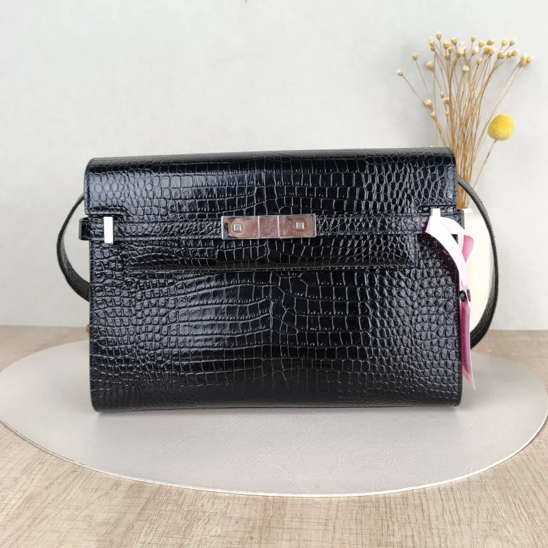 SAINT LAURENT Shoulder Bag MANHATTAN Black Embossed Calfskin Medium 29 × 7.5 × 20 cm