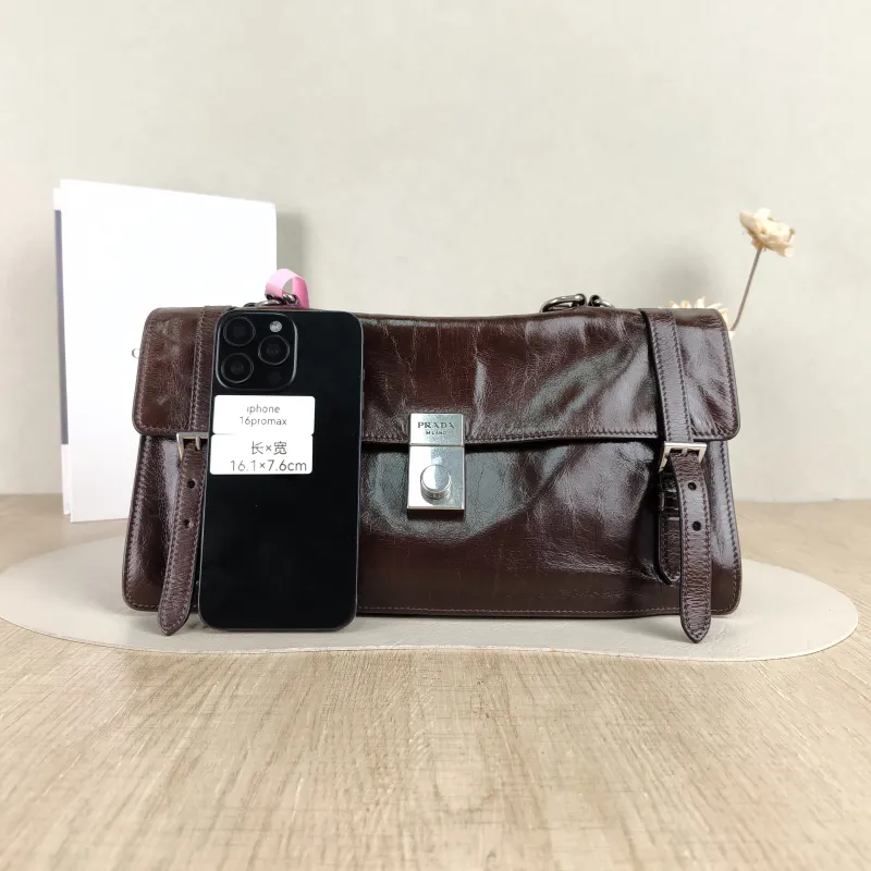PRADA Top Handle Bag Tote Bag Brown Waxed Leather One Size 31.5 × 11 × 17 cm — cover view 2 of 5